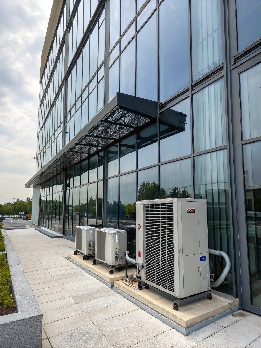 A modern commercial building under construction, showcasing the installation of HVAC systems by Precision Mechanical, focusing on the exterior view with visible ductwork and climate control units.