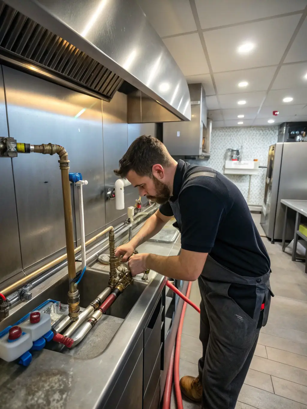 A close-up shot of a plumber expertly installing pipes in a commercial building, highlighting the precision and skill involved in Precision Mechanical's plumbing services.